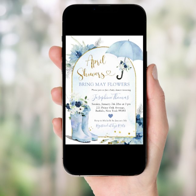 Dusty Blue Umbrella April Showers Baby Shower Invitation (Front Digital)