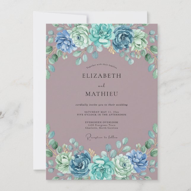 Dusty Blue Verdant Blossom Wedding Invitation (Front)