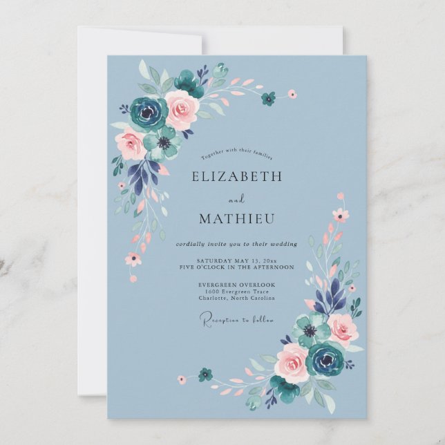 Dusty Blue Verdant Flourish Wedding Invitation (Front)
