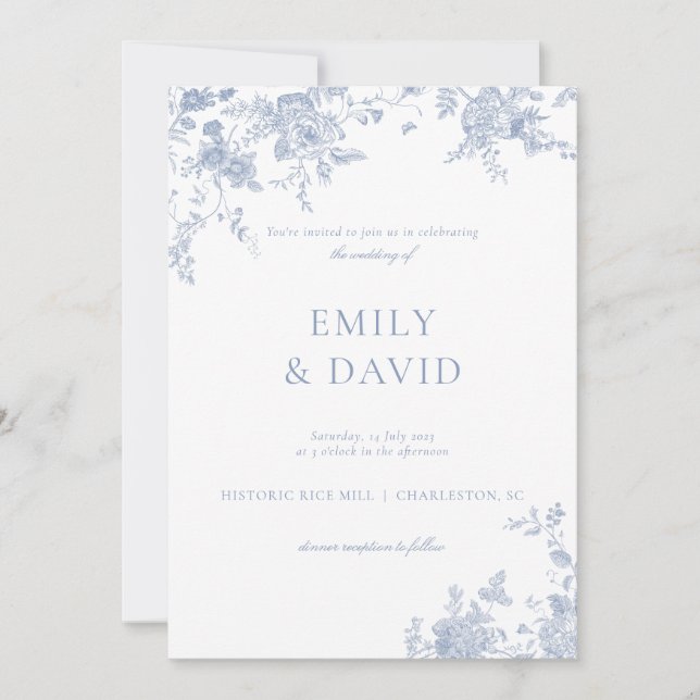 Dusty Blue Victorian Floral Wedding Invitation (Front)