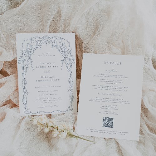 Dusty Blue Victorian Frame Wedding Invitation