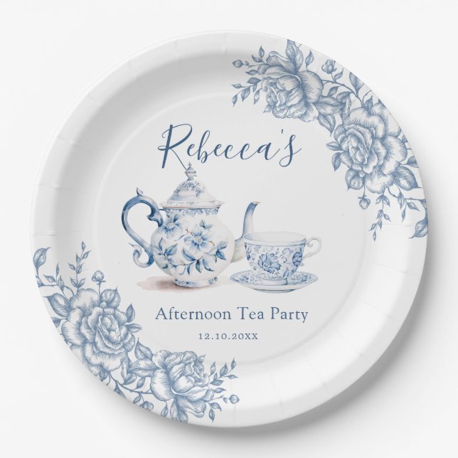 Dusty Blue Victorian Garden Bridal Shower Tea Paper Plates (Front)