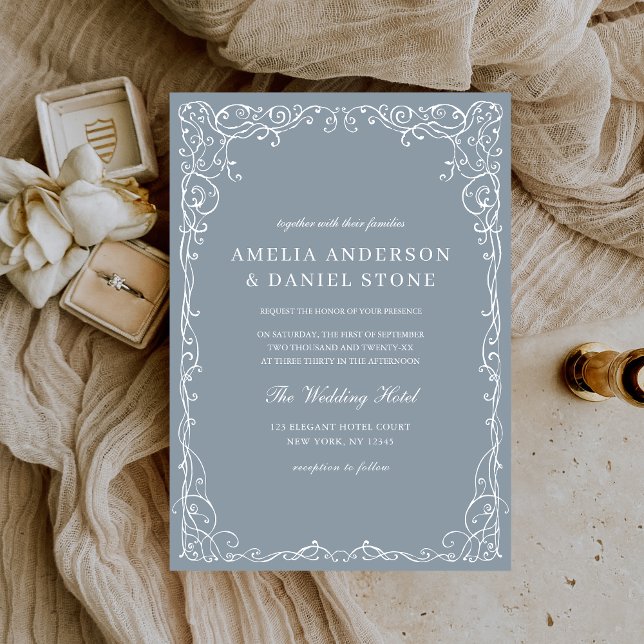 Dusty Blue Victorian Minimalist Elegant Wedding Invitation (Creator Uploaded)
