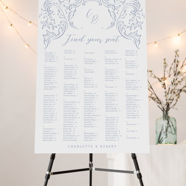 Dusty Blue Vintage Alphabetical Seating Chart Foam Board (In Situ (Stand))
