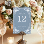 Dusty Blue Vintage Antique Ornate Elegant Wedding  Table Number<br><div class="desc">This dusty blue elegant wedding table number, with a vintage air, has a vintage frame with baroque faux silver decorations on a dusty blue background. The names are written in an elegant calligraphic script. All text can be personalized and has a silvery gray color similar to the decorations of the...</div>