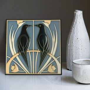Dusty Blue Vintage Birds Mackintosh Art Deco Decor Ceramic Tile