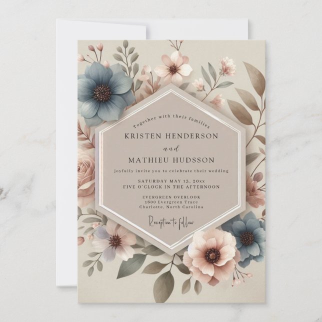 Dusty Blue Vintage Bloom Wedding Invitation (Front)