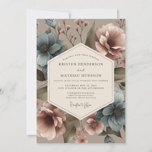 Dusty Blue Vintage Bouquet Wedding Invitation (Front)