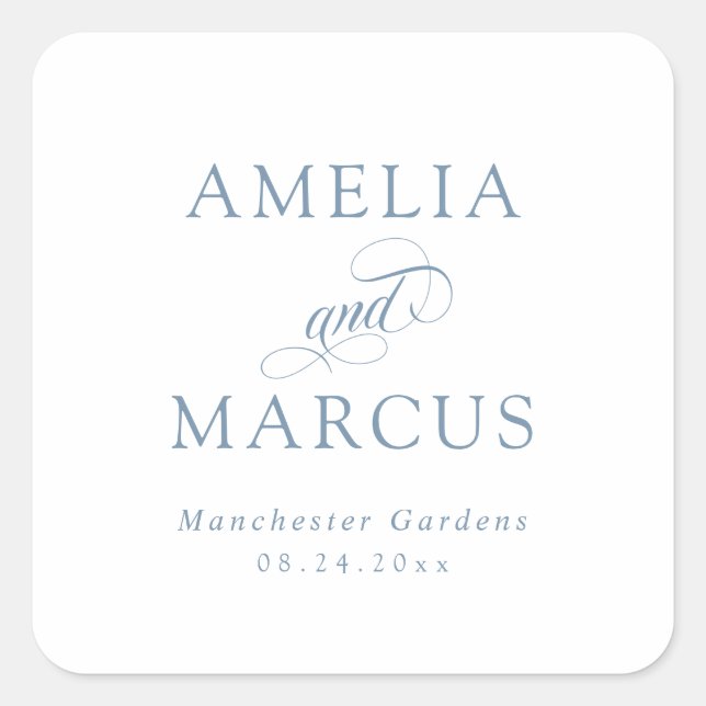Dusty Blue Vintage Calligraphy Wedding Square Sticker (Front)