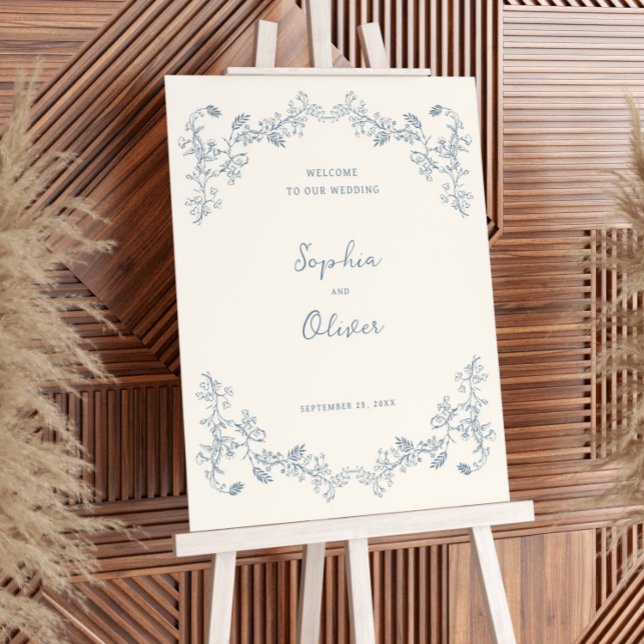 Dusty Blue Vintage Chinoiserie Wedding Welcome Foam Board (Creator Uploaded)
