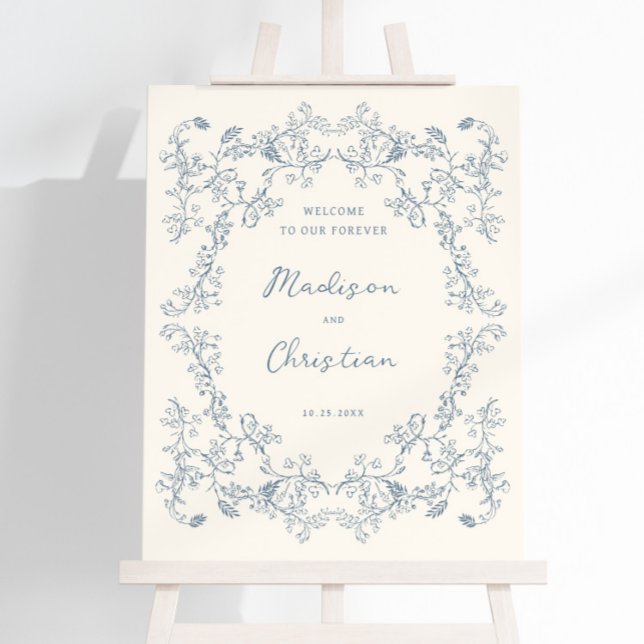 Dusty Blue Vintage Chinoiserie Wedding Welcome Foam Board (Creator Uploaded)
