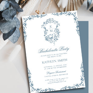 Dusty Blue Vintage Crest Floral Bachelorette Party Invitation