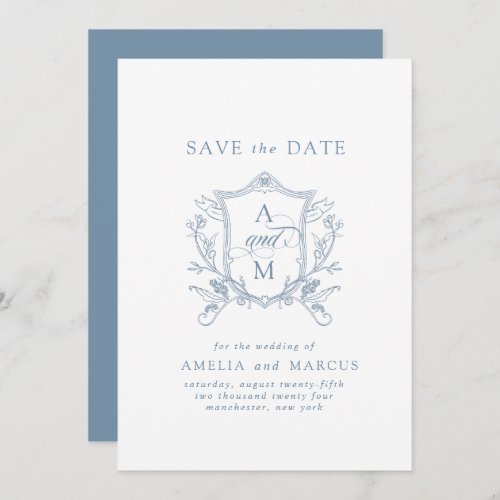 Dusty Blue Vintage Crest Save the Date Invitation