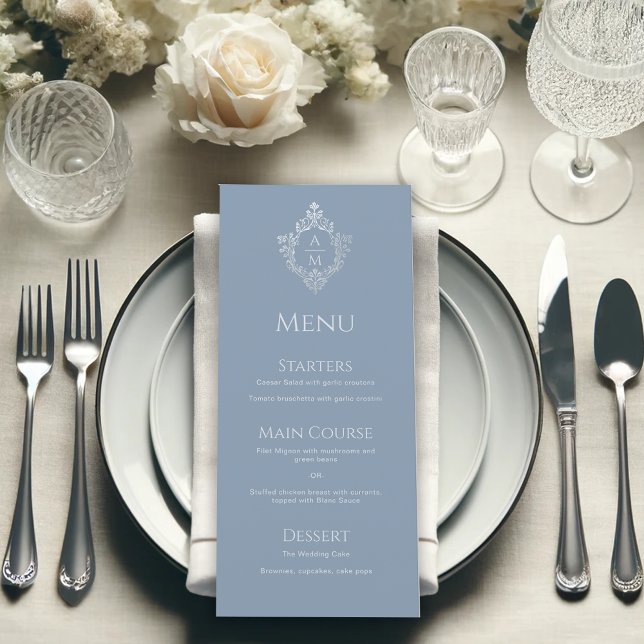 Dusty Blue Vintage Crest Wedding Monogram Menu (Creator Uploaded)
