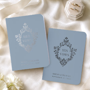Dusty Blue Vintage Crest Wedding Silver Foil Vow Books