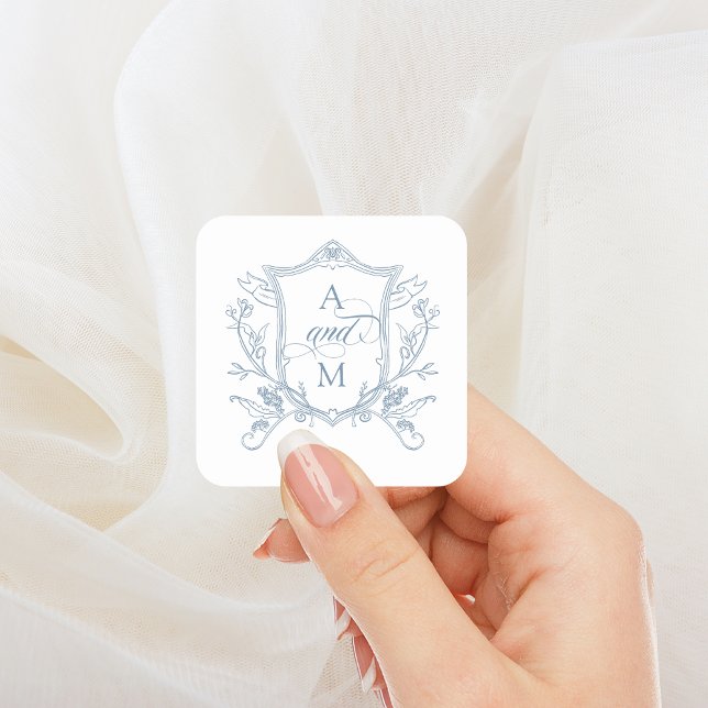 Dusty Blue Vintage Crest Wedding Square Sticker (Creator Uploaded)