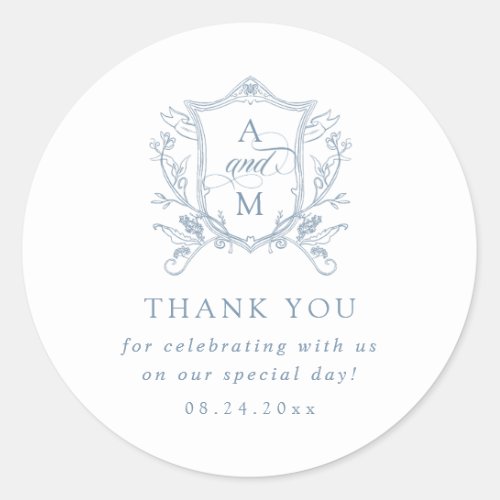 Dusty Blue Vintage Crest Wedding Thank You Classic Round Sticker