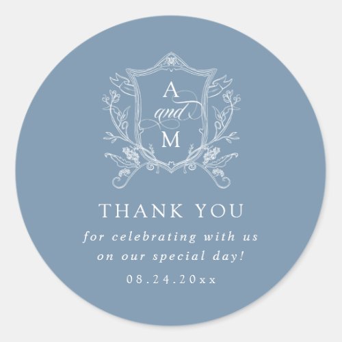 Dusty Blue Vintage Crest Wedding Thank You Classic Round Sticker