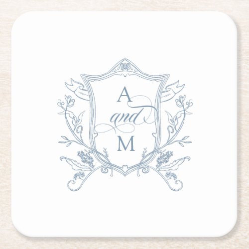 Dusty Blue Vintage Crest Wedding Thank You Square Paper Coaster