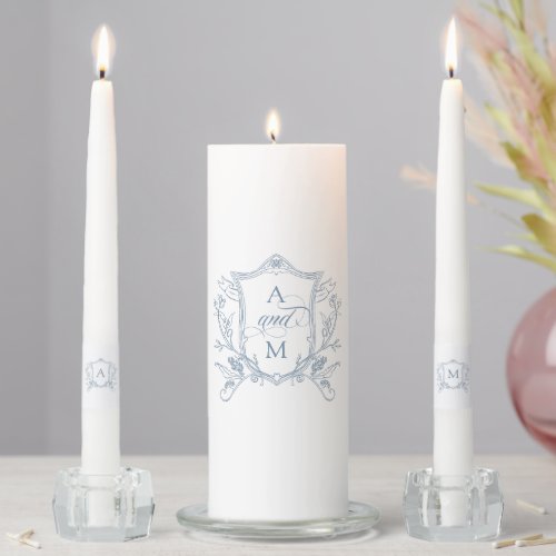 Dusty Blue Vintage Crest Wedding Thank You Unity Candle Set