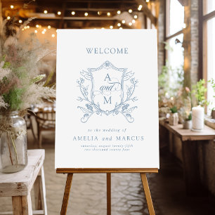 Dusty Blue Vintage Crest Wedding Welcome Foam Board