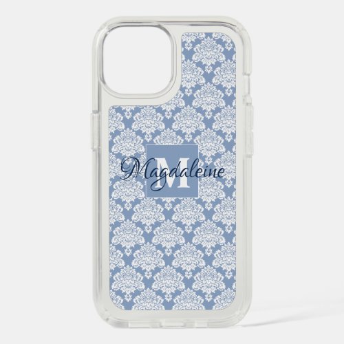 Dusty Blue Vintage Damask Pattern Monogram  Name iPhone 15 Case