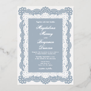 Dusty Blue Vintage Elegant Victorian Lace Wedding Foil Invitation