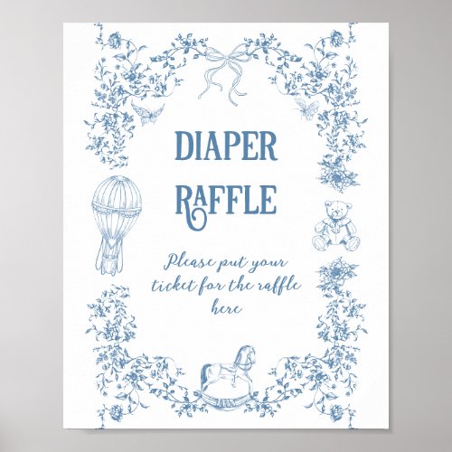 Dusty Blue Vintage Floral Baby Shower diaper Poster