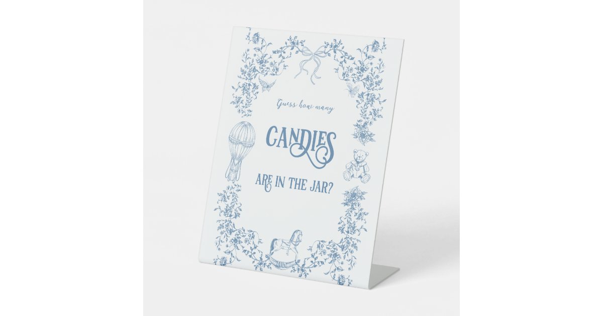 Dusty Blue Vintage Floral Baby Shower Guess Game Pedestal Sign | Zazzle