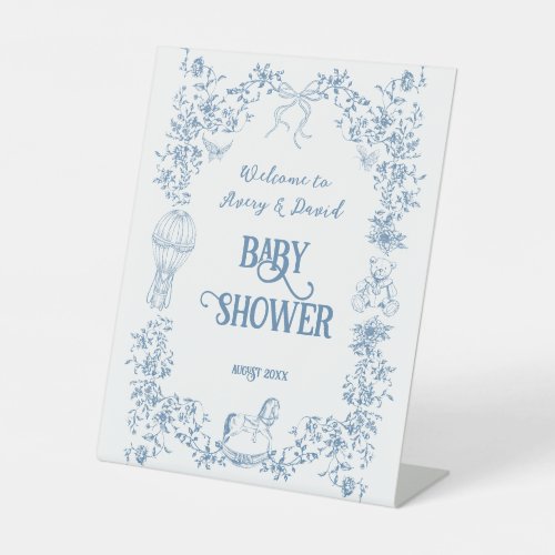 Dusty Blue Vintage Floral Baby Shower welcome Pedestal Sign