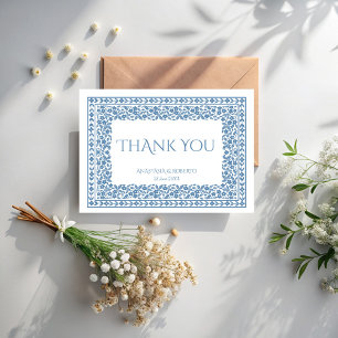 Dusty blue vintage floral border boho  thank you card