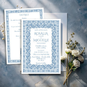 Dusty blue vintage floral border wedding invitation