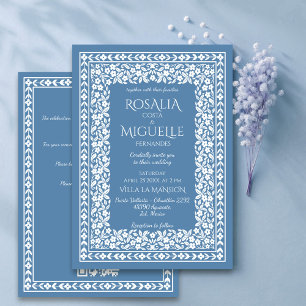 Dusty blue vintage floral border wedding invitation