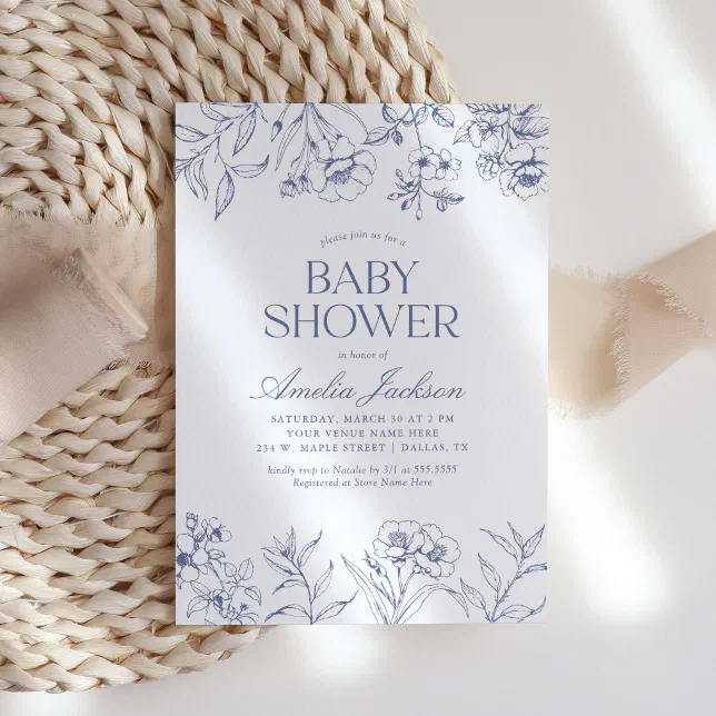 Dusty Blue Vintage Floral Chinoiserie Baby Shower Invitation | Zazzle