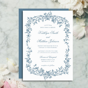 Dusty Blue Vintage Floral Elegant Script Wedding Invitation