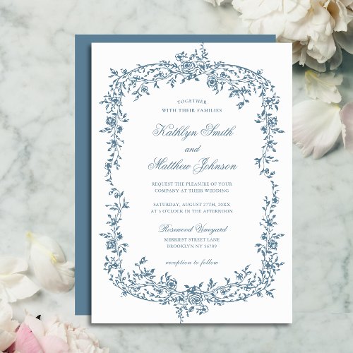 Dusty Blue Vintage Floral Elegant Script Wedding Invitation