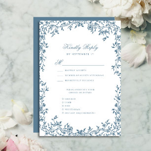 Dusty Blue Vintage Floral Elegant Script Wedding RSVP Card