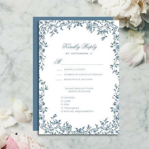 Dusty Blue Vintage Floral Elegant Script Wedding RSVP Card
