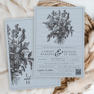 Dusty Blue Vintage Floral Garden Christian Wedding Invitation