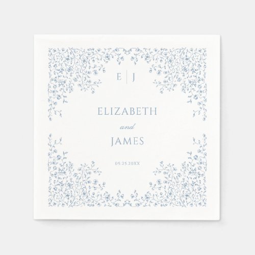 Dusty Blue Vintage Floral Line Art Frame Wedding Napkins