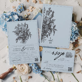 Dusty Blue Vintage Floral Romantic Garden Wedding Invitation