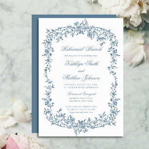 Dusty Blue Vintage Floral Script Rehearsal Brunch Invitation
