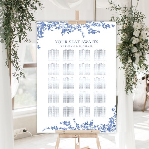 Dusty Blue Vintage Floral Wedding 20 Table Seating Poster