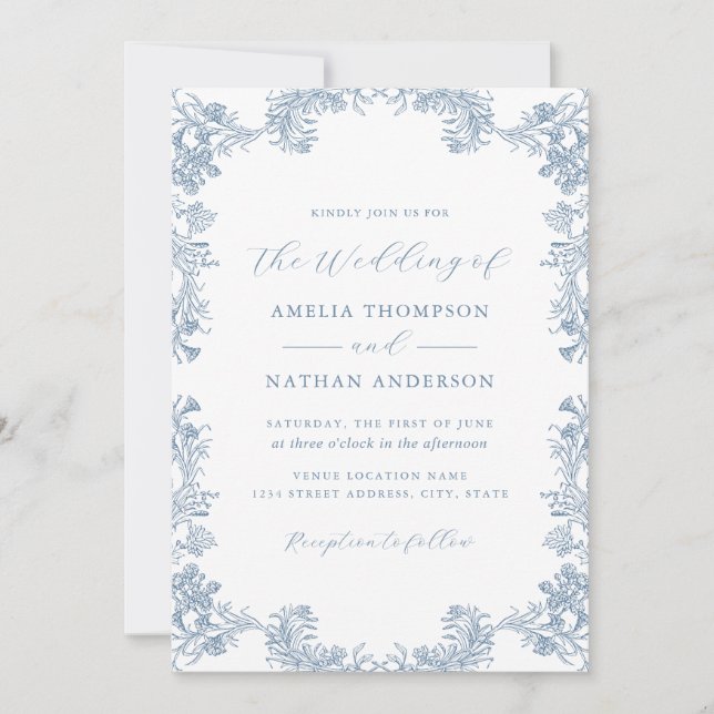 Dusty Blue Vintage Floral Wedding Invitation (Front)