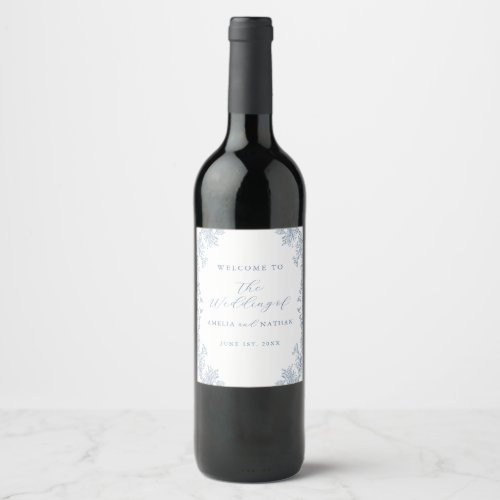 Dusty Blue Vintage Floral Wedding  Wine Label