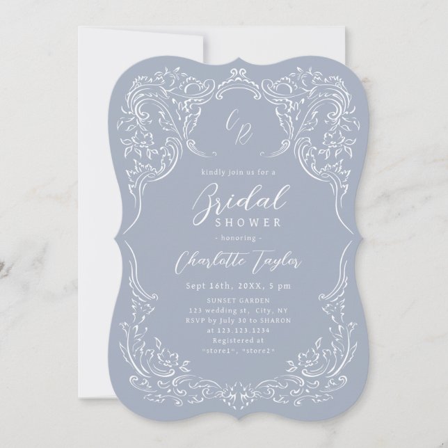Dusty Blue Vintage Flourish Bridal Shower  Invitation (Front)