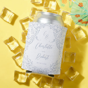 Dusty Blue Vintage Flourish Monogram Wedding Can Cooler