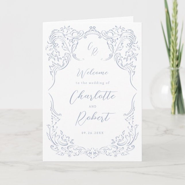Dusty Blue Vintage Flourish Monogram Wedding Program (Front)