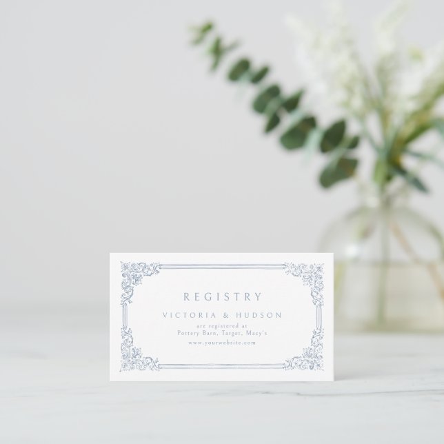 Dusty Blue Vintage Frame Elegant Bridal Registry Place Card (Standing Front)