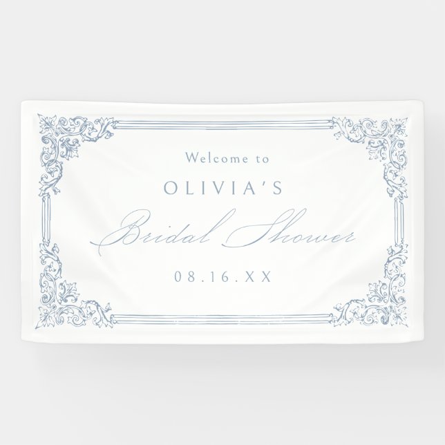 Dusty Blue Vintage Frame Elegant Bridal Shower Banner (Horizontal)